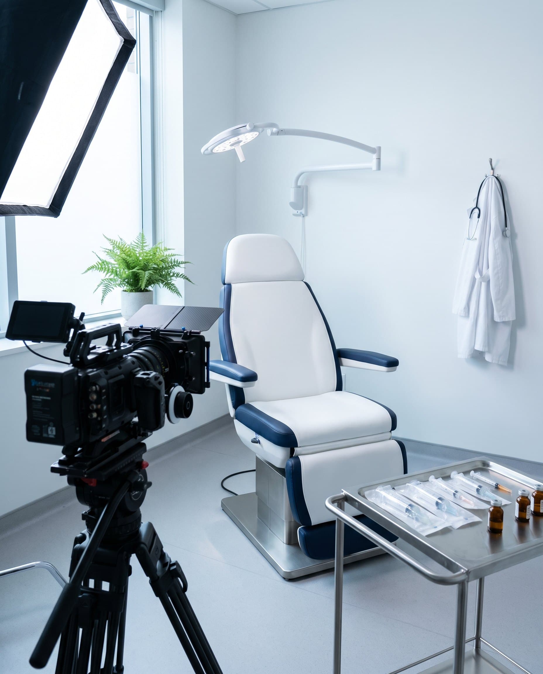 A cinema camera and studio light set up in front of a medical treatment chair, with a doctor’s white coat and stethoscope hanging on the wall