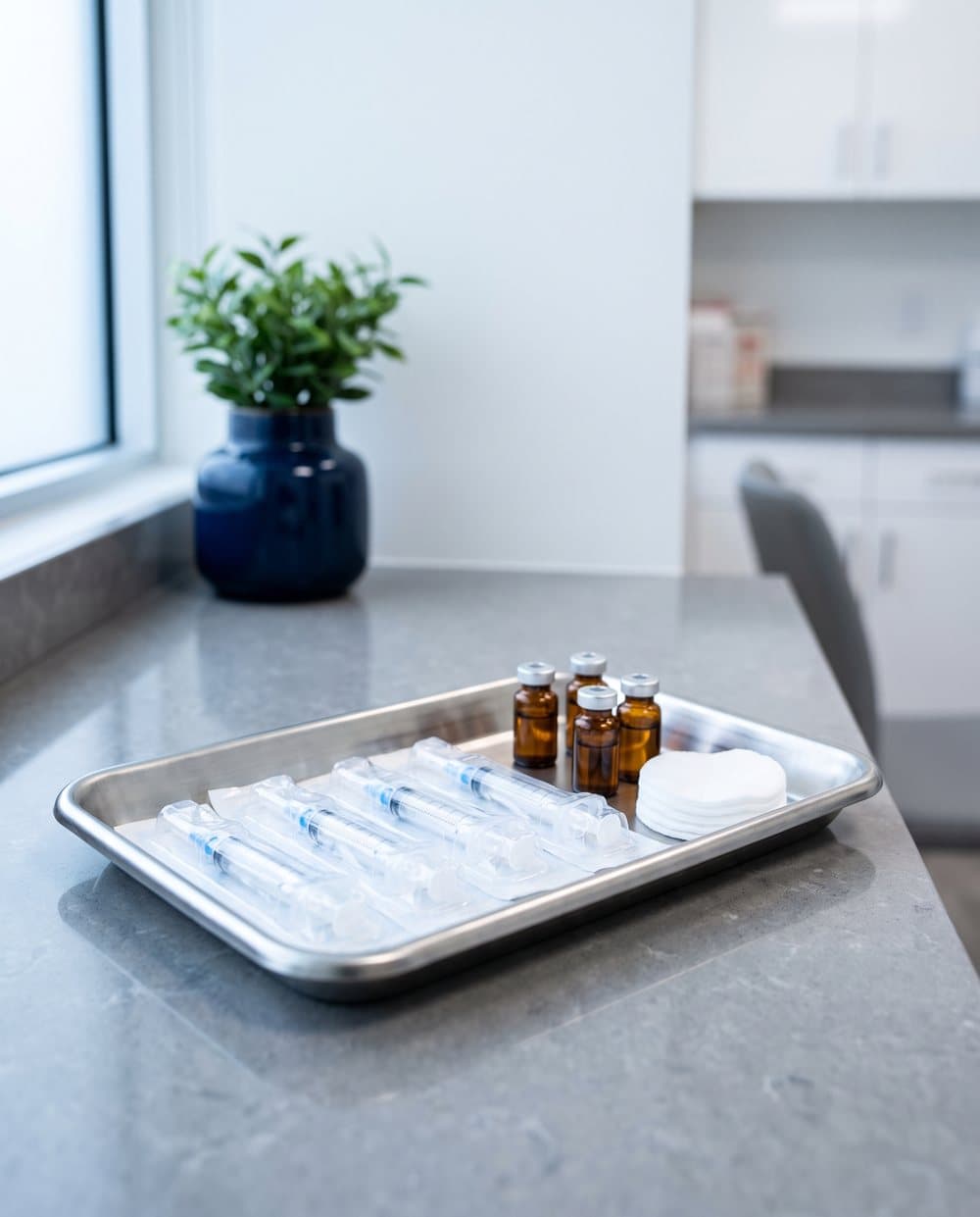 Sealed syringes and glass vials on a steel tray